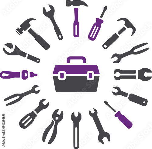 tool flat vector icons of hammer wrench screwdriver and pliers