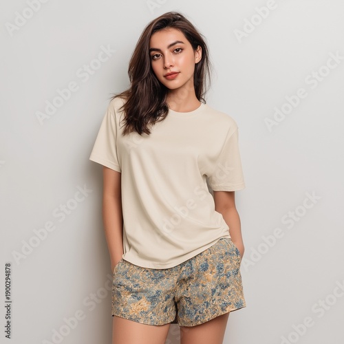 Earthy Beige T-Shirt Mockup on Cream Oversized Tee Worn by Boho Woman with Brown Hair, Casual Shirt Mock-up, POD Mock-up 