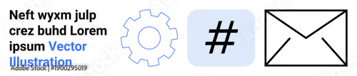 Gear symbol for settings, hash for social media or trending, and envelope icon for communication. Ideal for technology, social media, communication, innovation, networking, productivity simple