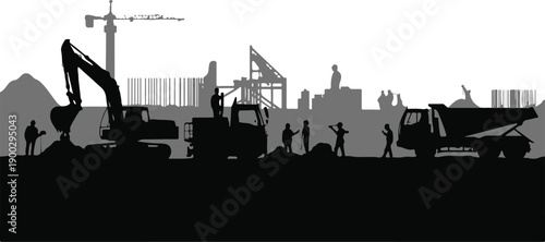 construction site workers and heavy machinery city skyline vector plan