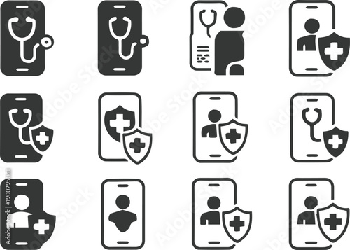 telemedicine telehealth smartphone icons patient profile pills cross set
