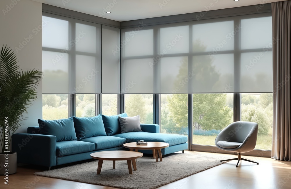 Fototapeta premium Modern living room with teal sectional sofa and accent chair. Large windows with sheer roller blinds overlook green trees and nature. Interior design space offers comfort and natural light.
