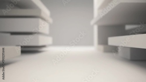 Modern minimalist interior with white shelves and soft lighting