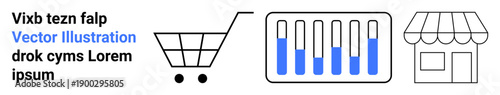 Shopping cart icon, analytics bar chart with five bars, storefront with striped roof. Ideal for e-commerce, data analytics, retail, marketing, business strategy, online shopping simple landing page