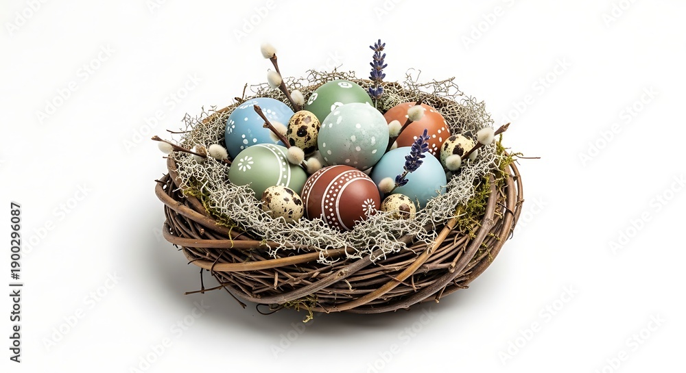 Obraz premium A beautifully crafted nest filled with colorful Easter eggs, capturing the essence of spring and renewal