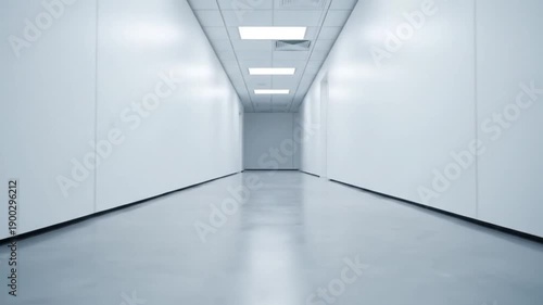 Empty Modern White Corridor with Symmetrical Perspective Futuristic Interior Cinematic Shot