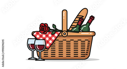 Picnic Basket with Wine and Bread.