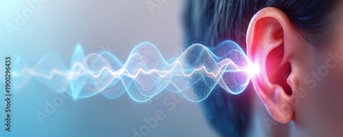Abstract sound waves enter human ear. Digital energy pulse flows through audio perception channel. Science concept illustration, hearing process and wave analysis.