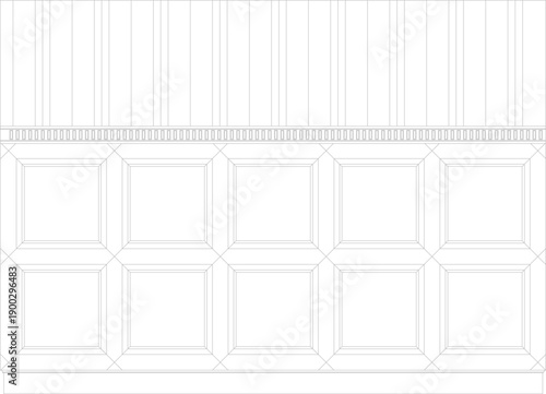 Technical vector illustration of a classic wall wainscoting elevation, featuring recessed square panels and vertical slats in line art