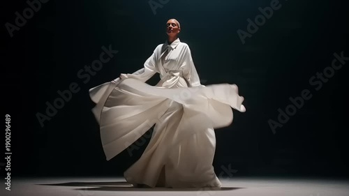 Dynamic Runway Showcase of a Model in Flowing White Dress, Studio Setting, Fashion Photography, Ethereal Atmosphere