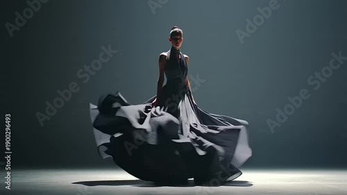 Elegant Model in Dramatic Fashion at Studio Runway, Video Capture, Studio Lighting, Artistic Expression