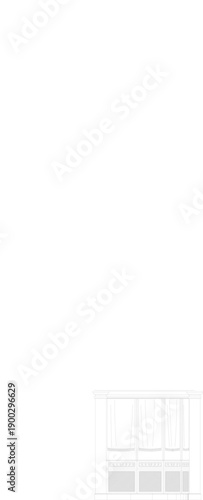 Technical vector illustration of a classic bay window elevation, featuring elegant draped curtains and paneled detailing in clean line art.