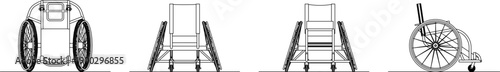 Technical vector illustration of a wheelchair from multiple perspectives, including front, back, and side views in clean black line art.