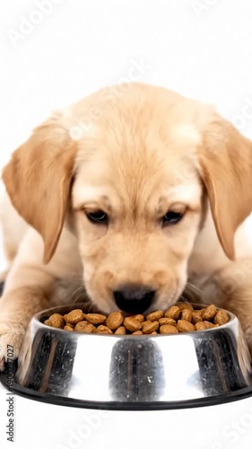 Adorable Yellow Labrador Puppy Eating Kibble From Metal Bowl, Close Up