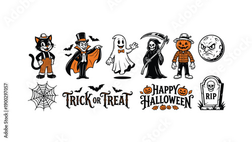 Retro cartoon Halloween character and typography element collection set vector illustration graphic icon isolated on white background for spooky holiday design element