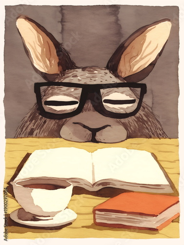 Cute watercolor rabbit in glasses looking at open book and cup of coffee on desk. Education and reading concept for kid.