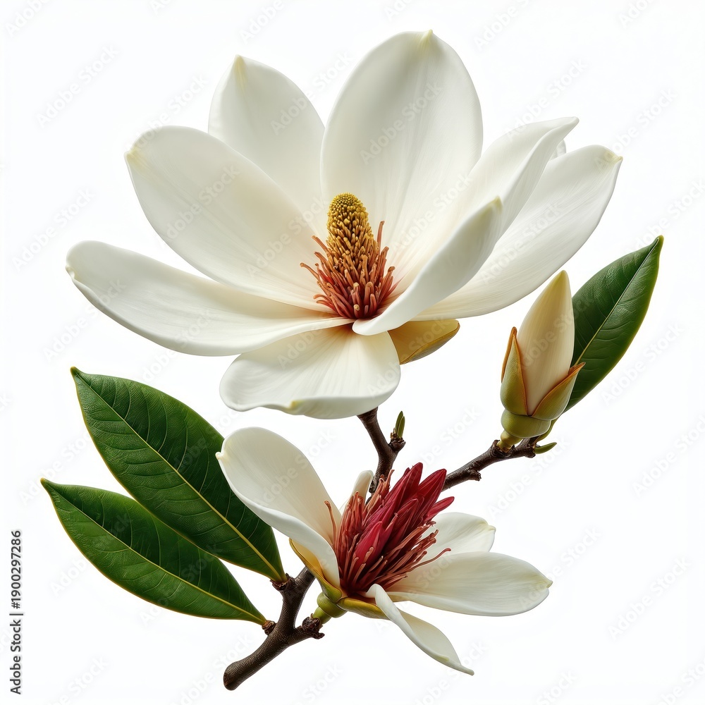Fototapeta premium Southern Magnolia tree branches with white flowers and green leaves. One bloom is closed bud, another is open with red center detail. Isolated on pure white.