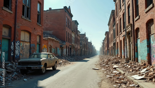 Dilapidated brick buildings line a deserted street strewn with rubble. An old car sits abandoned in. Graffiti mars boarded up windows and doors.