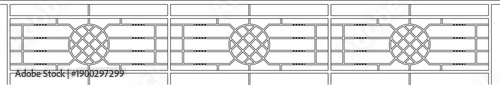 Technical vector illustration of a modern geometric fence elevation, featuring a repetitive circular and linear pattern in line art.