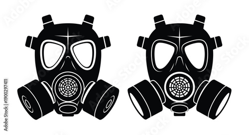 Two black gas masks displayed against a white background silhouette