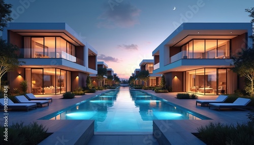 Modern villas with infinity pool at dusk. Luxury homes feature large windows, elegant lighting, and lounge chairs. Perfect for resort living or upscale real estate.