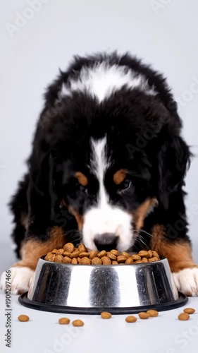 Adorable Bernese Mountain Dog Puppy Eating Kibble From Metal Bowl in Studio
