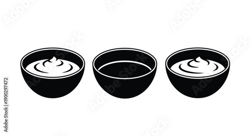 Three black bowls with varying amounts of white substance silhouette