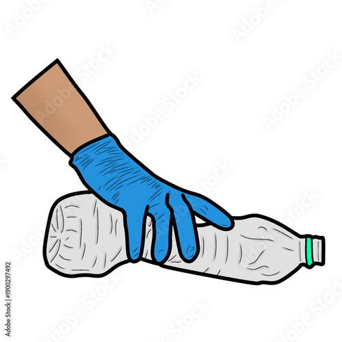 A gloved hand is picking up a crumpled plastic bottle.