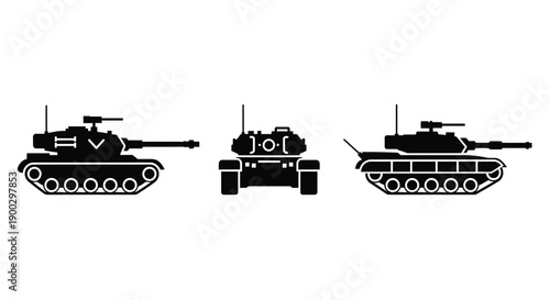Three military tanks depicted in a stark black silhouette