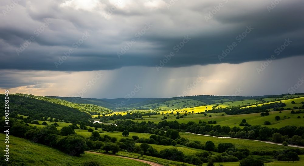 Fototapeta premium Open Green Field Under Dramatic Cloudy Sky