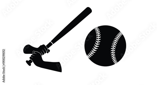Baseball player with bat and ball stark black silhouette