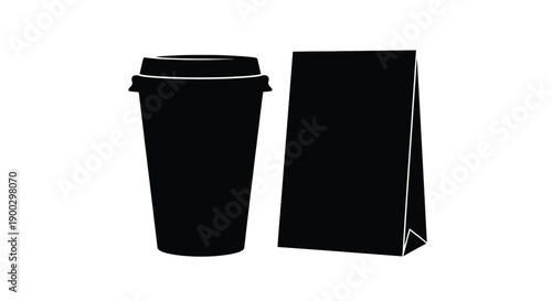 Coffee cup and takeout bag illustration in black silhouette