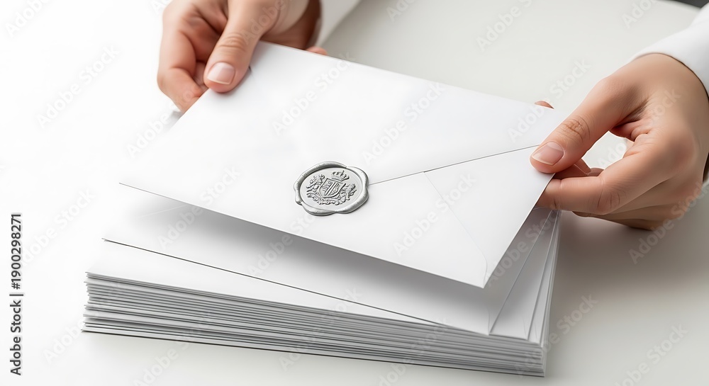 Obraz premium Person holding envelope with silver seal over stack of envelopes on white surface