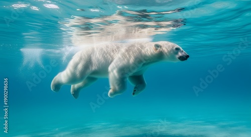 A polar bear swims underwater in the Arctic ocean with crystal clear blue water