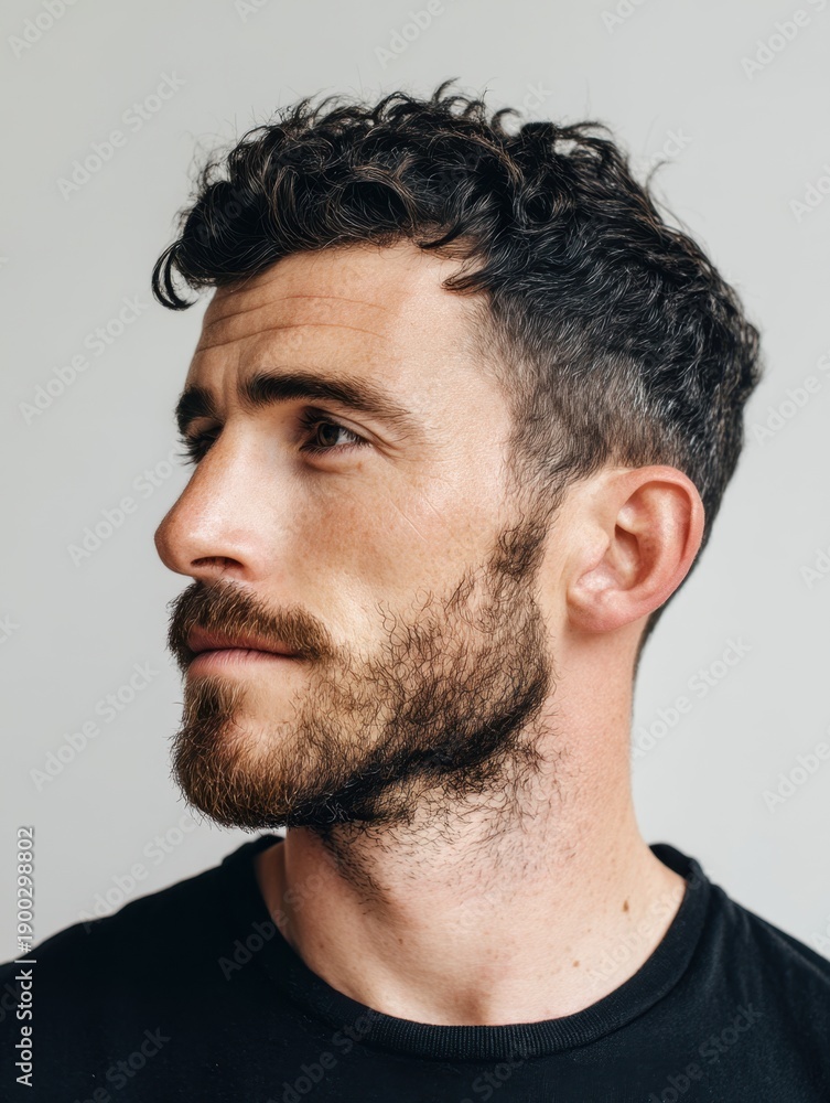 Fototapeta premium Portrait of a serious caucasian man with a beard looking away, casual close-up for mens fashion and grooming concept.