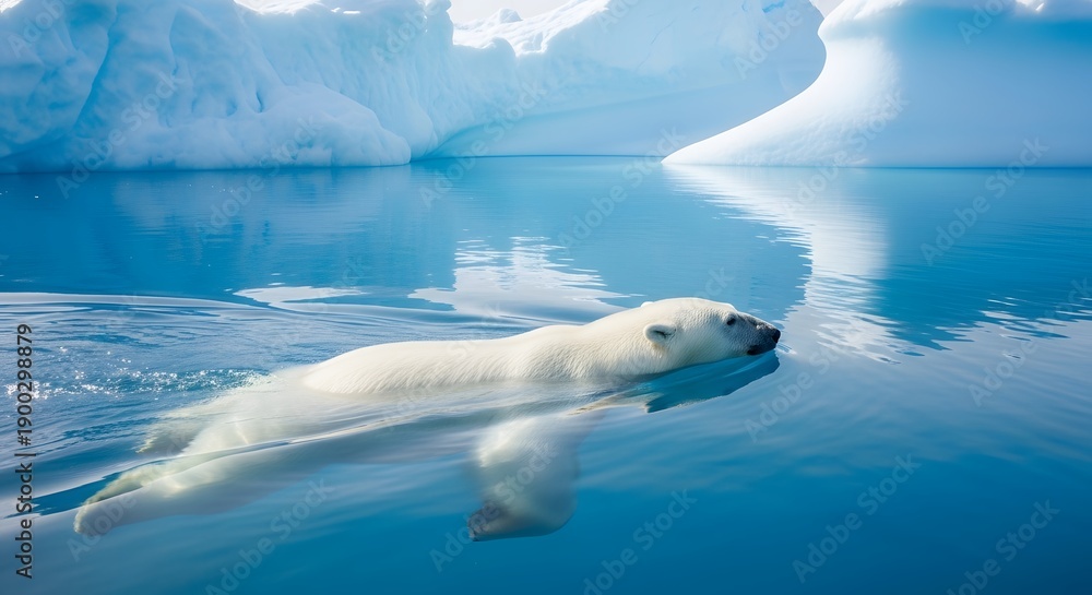 Fototapeta premium A polar bear swims through icy waters in the Arctic landscape