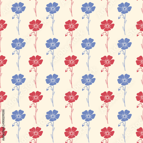 Seamless pattern with vertical rows of blue and red flax flowers on beige background