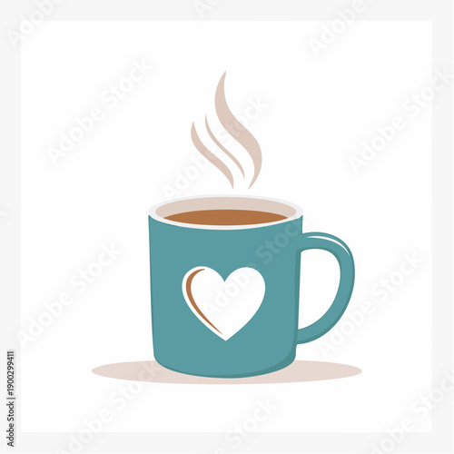 Kubek gorącej kawy z sercem i parą na białym tle – ciepły napój, poranek, przytulny nastrój i miłość do kawy.