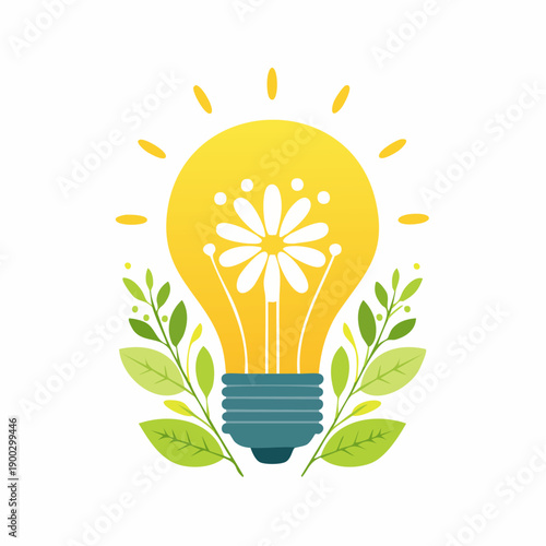 Żarówka z liśćmi i kwiatem w środku – ekologiczna energia, zrównoważony rozwój i zielona innowacja.