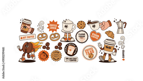 Retro cartoon coffee mascot character sticker set vector illustration graphic icon isolated on white background for trendy cafe shop menu design element