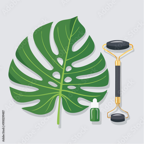 Zielony liść monstery z masażerem do twarzy i serum – naturalna pielęgnacja skóry, domowe spa i kosmetyka.