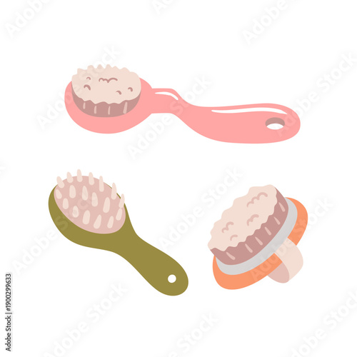 Collection of wooden body brushes with natural bristles. Perfect for dry brushing techniques and promoting healthy blood circulation at home.