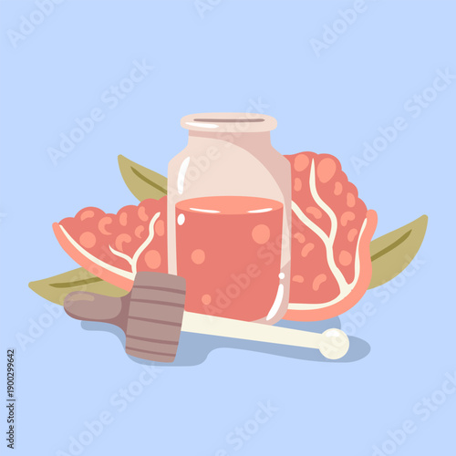 Refreshing pomegranate seed oil with juicy fruit accents. A vibrant illustration for organic skincare products and antioxidant beauty treatments.