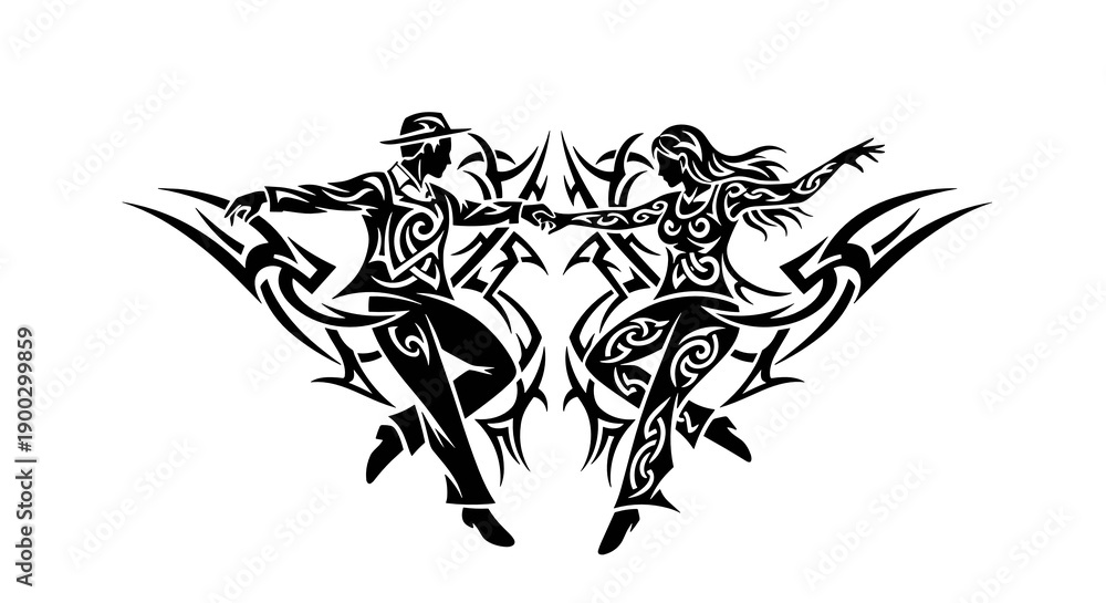 Obraz premium Black tribal silhouette of swing dancing couple for retro music and vintage party design