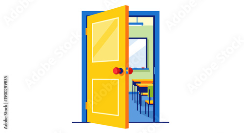 Open yellow classroom door revealing school interior for education and back to school concept