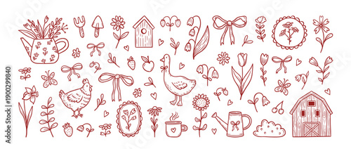 Hand Drawn Farm and Garden Vector Illustration Set with Chicken Goose and Spring Flowers for Rustic Cottagecore Graphic Design Isolated on White Background