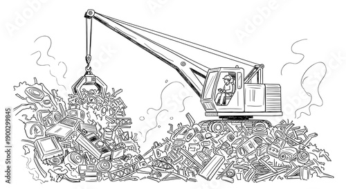 Industrial worker operating crane with claw at scrapyard for metal recycling and waste management concept