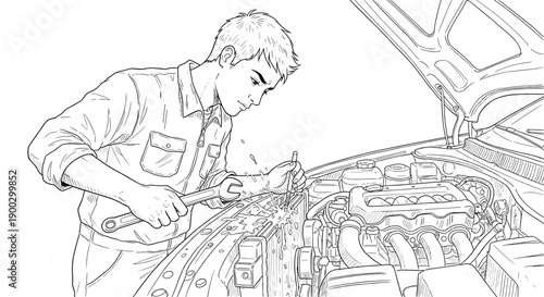 Young mechanic repairing car engine with wrench under open hood for auto service and vehicle maintenance concept