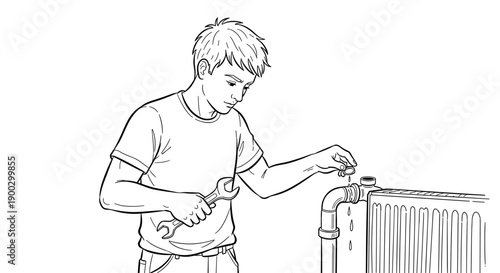 Young man tightening radiator valve with wrench for home plumbing repair and maintenance concept