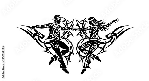 Black tribal silhouette of swing dancing couple for retro music and vintage party design